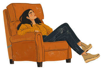 Sticker - PNG A woman lying on a armchair furniture cartoon adult.