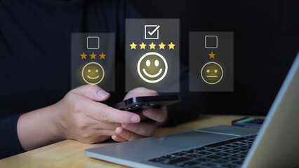 Wall Mural - Experience of Customer and User give rating on online service on application smartphone, Satisfaction feedback and review give best quality good product survey ranking in top online business.