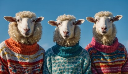 Three sheep in colorful sweaters lined up outdoors