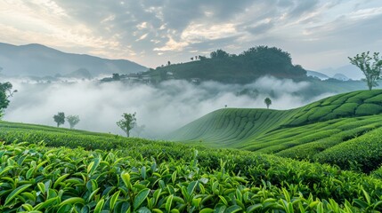 Beautiful view of Long Coc Tea Hill on a foggy morning, Long Coc, in Vietnam's Phu Tho Province.
