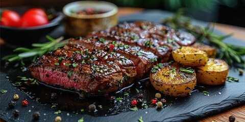 Wall Mural - Grilled Steak and Roasted Potatoes on Slate Plate