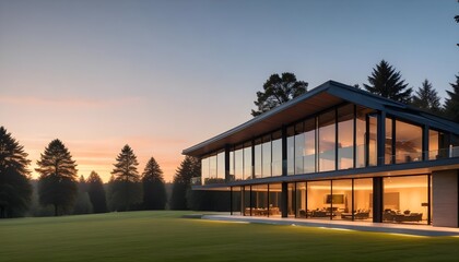 Wall Mural - An isolated glass mansion with large windows, surrounded by a grassy field and trees in the background at sunset