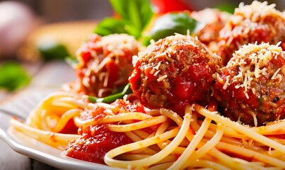 Sticker - Spaghetti with big meatballs in tomato sauce, Generative AI 