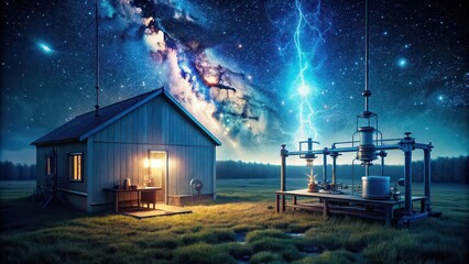 Wall Mural - A conceptual stock photo illustrating quantum entanglement research in a modern laboratory setting at night.