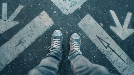 Feet And Arrows On A Road Background In The Starting Line, The Beginning Idea Top View For Business, The Excitement And Potential Clear