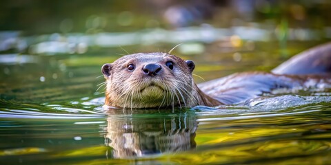 Poster - Playful otter swimming in a clear river , playful, otter, animal, wildlife, swim, river, water, cute, carnivore, furry, aquatic