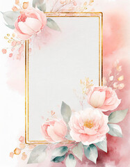 Sticker - Golden frame with pink rose flowers on a white background, wedding invitation template