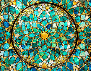 Wall Mural - Luxury abstract background with teal green and gold stained glass