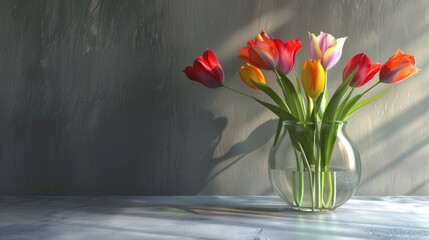 Wall Mural - Colorful Tulips in Glass Vase for Spring Interior Beauty