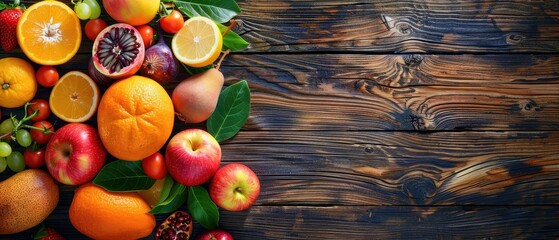 Wall Mural - Vibrant Fruits and Vegetables on Rustic Wooden Background