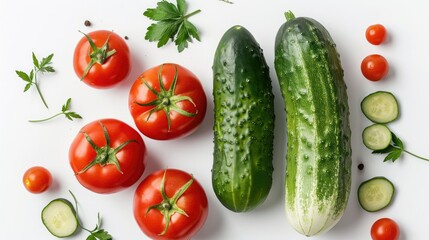 Poster - White background with tomato and cucumber