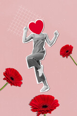 Sticker - Vertical poster collage young joyful woman valentine day flowers headless heart face love concept flowers beautiful flora