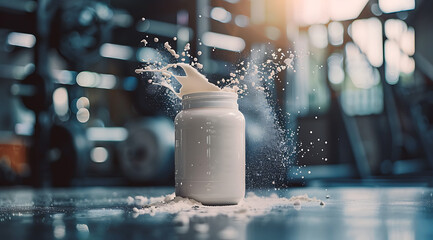 Wall Mural - Product shoot of Protein Powder Falling in to a glass. Clean Gym Background. - Sporting Protein shot splashing motion in the Gym.