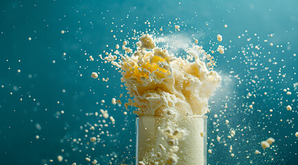 Wall Mural - Product shoot of Protein Powder Falling in to a glass. Clean Blue Background. - Motion shot