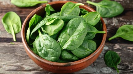 Fresh spinach leaves in a bowl on a wooden surface