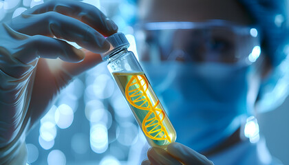 Wall Mural - Genetics research. Scientist holding vial with liquid and illustration of DNA structure