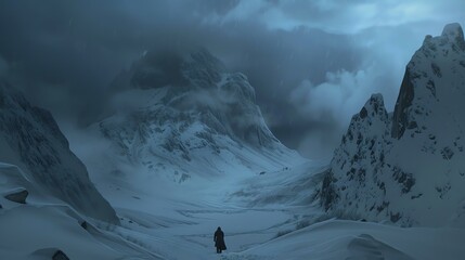 A lone figure stands in the middle of a snowy mountain pass. The figure is wearing a long black cloak and a hood is pulled up over their head.