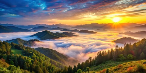 Wall Mural - Morning mountain landscape with misty valleys and colorful sunrise , nature, mountains, landscape, sky, clouds, sunrise, morning