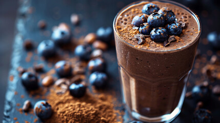 chocolate smoothie with blueberries and cacao powder 
