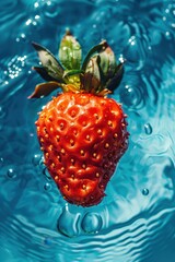 Wall Mural - Fresh Strawberry Floating in Blue Water