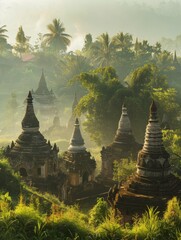 Serene Morning at Ancient Pagodas of Mrauk U: Historical Tranquility