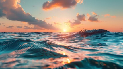 Wall Mural - Photograph of colorful sea waves The sea is crest-shaped. Sunset light and beautiful clouds on the background.