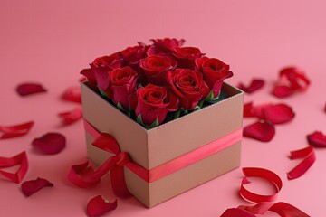 beautiful roses in romantic love valentine day gift box with petals decoration