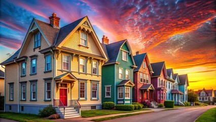 Sticker - Colorful Victorian clapboard houses at sunset in Charlottetown, Canada , Charlottetown