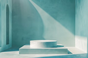 A simple white pedestal sitting on a wall with blue paint, suitable for decorative or minimalist settings