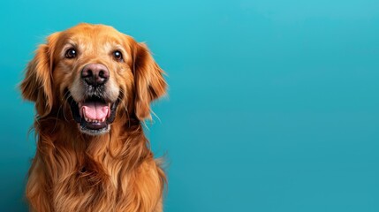 A happy golden retriever sitting on a solid blue background with copy space