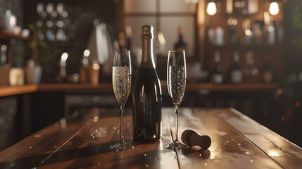 Two champagne glasses and a bottle on a wooden table. The background is blurred.