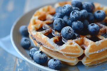 Wall Mural - Waffles with fresh blueberries on the plate.