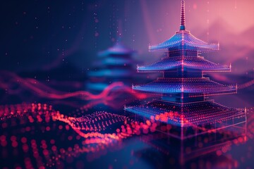 3d japanese pagoda emerging from futuristic data flow