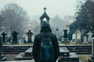Canvas Print - AI generated picture of young person standing at the cemetery alone