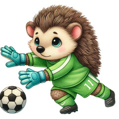 adorable cartoon hedgehog wearing a green soccer uniform and gloves, playing as a goalkeeper with a 