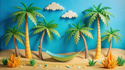 Canvas Print - Tropical paper crafted beach scene with palm trees and hammocks, tropical, paper craft, beach scene, palm trees, hammocks