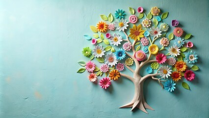 Sticker - Tree made of paper flowers on wall, paper, flowers, tree, wall decor, DIY, craft, art, decorative, spring