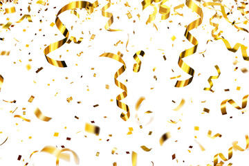 Wall Mural - Golden confetti transparent background and Falling shiny gold ribbon confetti illustration