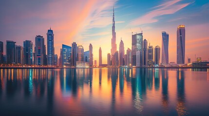 Amazing cityscape of Dubai, United Arab Emirates at sunset.