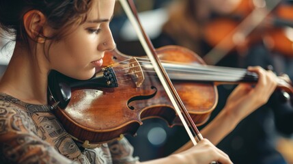 A student playing a musical instrument in a concert, representing the culmination of musical training and the sharing of talent.