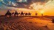 © Sirichat. Camphol - Photograph of an Indian camel (camel driver), a Bedouin with a camel silhouette in the sand dunes of the Thar desert at sunset. Caravan in Rajasthan travel adventure safari background