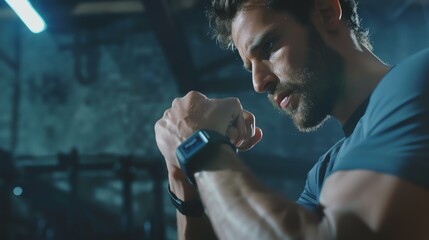 A man in athletic clothing is looking at his watch while working out in a gym.