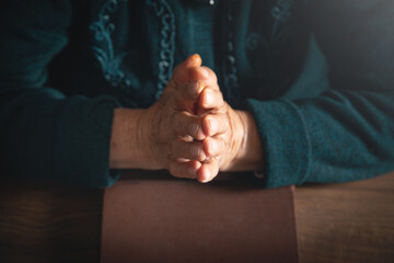 Wall Mural - Caucasian elderly woman hands with bible.