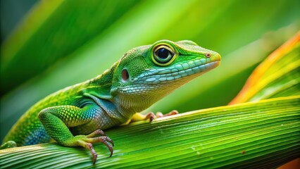 Poster - Green lizard resting on a vibrant leaf , reptile, nature, wildlife, camouflage, tropical, colorful, exotic, outdoors