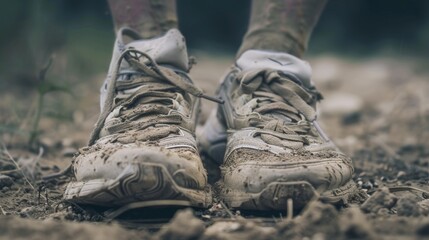 A close-up of a pair of running shoes, worn and dusty, representing a dedication to endurance and a love for running.