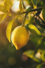 Wall Mural - Ripe Lemon Hanging on a Branch in the Sunlight