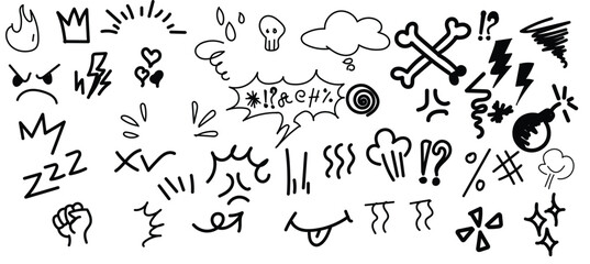 Wall Mural - Vector set of hand-drawn cartoony expression sign doodle, curve directional arrows, emoticon effects design elements, cartoon character emotion symbols, .eps10