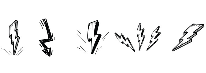 Lightning bolt icons set. Thunder hand drawn doodle. Vector illustration.eps10