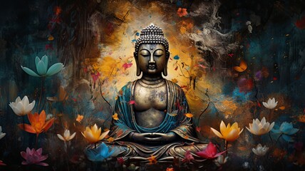 abstract, beautiful magical, mystical image of a buddha, painted metal, weathered, flowers, birds, b