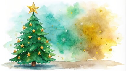watercolor christmas tree clipart with background and gold star , watercolor, christmas tree, clipar